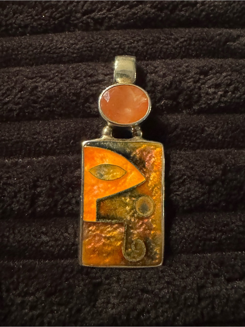 Silver Pendant Necklace with Faceted Peach Moonstone Orange Enamel Accent